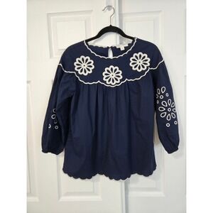 Cato Womens Navy Blue Floral Eyelet Embroidered Scalloped Blouse Top Small